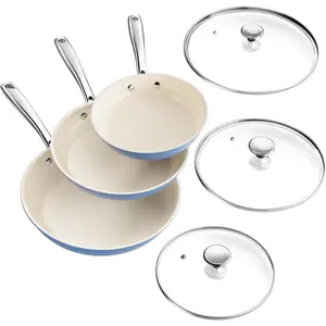 Nonstick Cookware Sets, Ceramic Frying Pan Set with Tempered Glass , Non Stick Cooking Set, Dishwasher & Oven Safe, Induction Safe, Compatible with  Cooktops, Blue (8", 9.5", 11")
