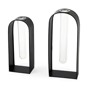 360 Stand 2-Piece Black Metal Decorative Vases Set, Glass Test Tube Design with 360-Degree Rotatable Stand, Ideal for Flower Display, Perfect Gift for Home Decor Enthusiasts