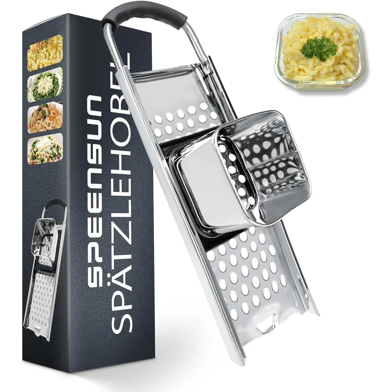Spaetzle Maker,  Grade Stainless Steel Spaetzle Press, Efficient Homemade Spaetzle and Knoepfle, Dishwasher Safe Spaetzle Noodle Maker with Comfort Handle for Pots Up to 30 CM