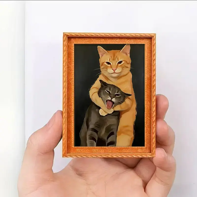 Funny Fridge Magnet - Cute Cat Mini Framed Art Painting with Full Magnetic Backing - for Kitchen Refrigerator, Office Whiteboard & Locker Decor - Quirky Meme Jewelry Gift for Her, Bestie & Cat Lovers