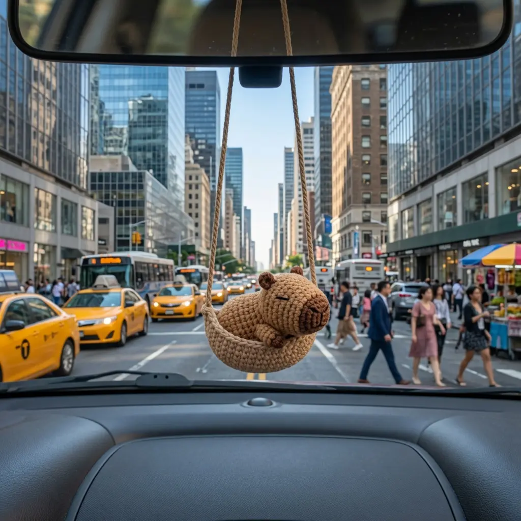 Handmade Sleeping Capybara Crochet Car Hanging | Cute Capybara Amigurumi Ornament | Rearview Mirror Car Charm, Animal Lover Gift, Car Decor