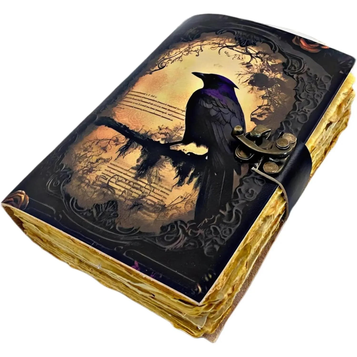 Raven Handmade Leather Journal - Office Stationery Journaling Supplies, 200 Unlined Deckle Edge Pages - Blank Spell Book, Grimoire, Sketchbook with Sketchbook Ideas - Gothic Junk Notebook, Bookish Things Gift for Adults, Junk Journal Notebook