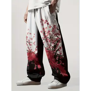 Lightweight Drawstring Wide-Leg Pants - Men's Plum Blossom Print Casual Trousers for Outdoor Activities - Polyester and Elastane, Machine Washable - Spring/Summer/Fall