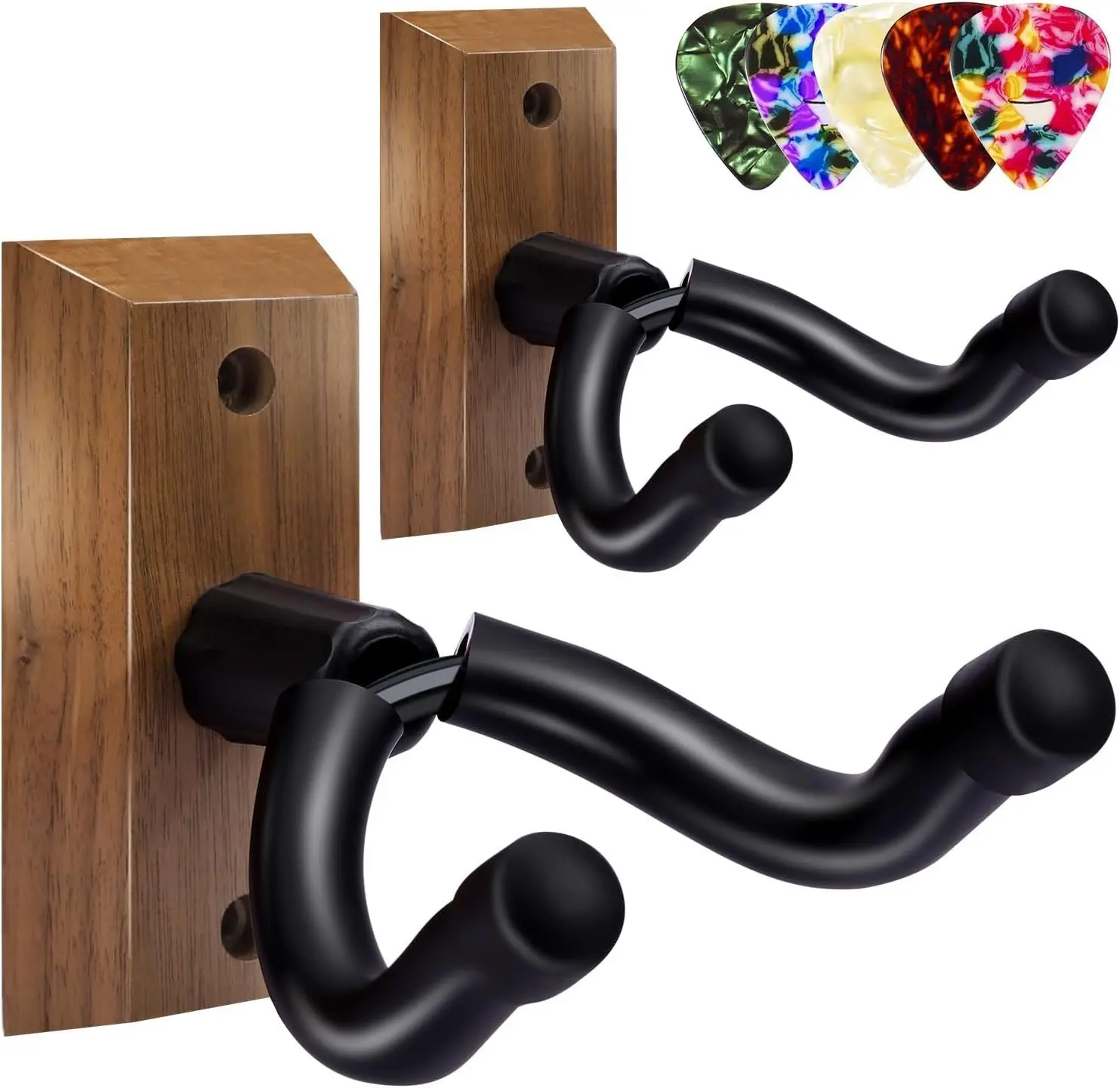 Black Walnut Guitar Wall Mounts (2-Pack) - Durable Handcrafted Adjustable Instrument Hanger with Swivel Yoke, 5 Picks for Acoustic, Electric Guitars, Bass, Banjo - Room Instrument Care Solution