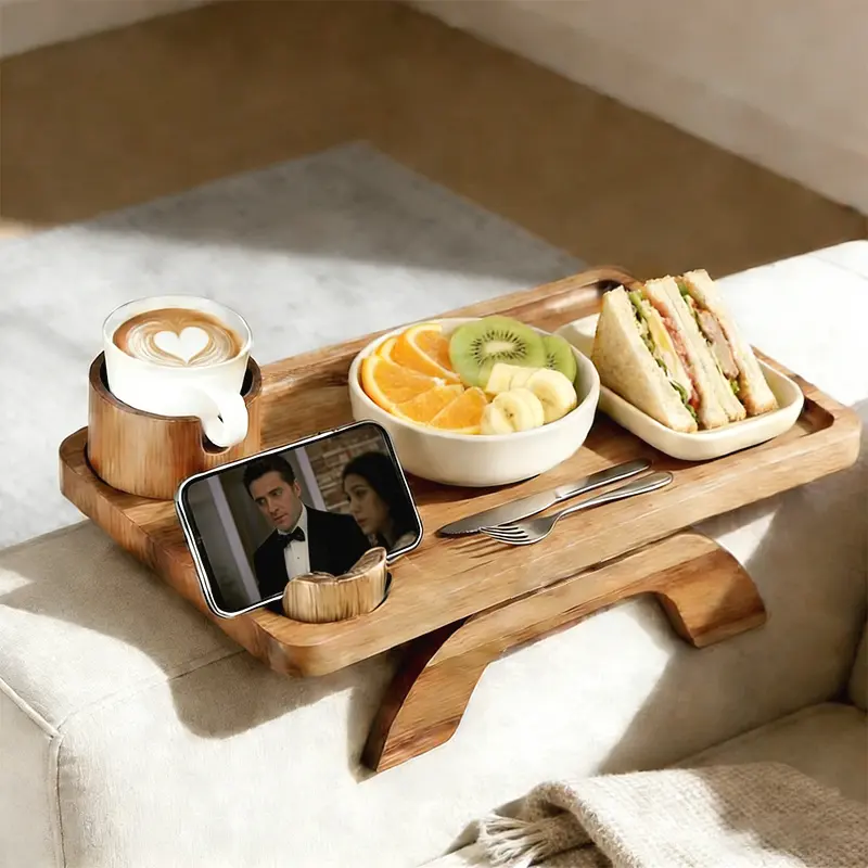 Acacia Wood Clip-On Couch Arm Tray Table - Rectangular, Spring-Loaded, Adjustable, Stability-Focused, Corrosion-Resistant, No-Assembly Folding Anti-Slip Sofa Armrest Table with 360° Rotating Phone Holder for Food & Beverage, Gaming, Rectangle, Dinner