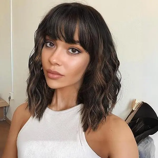 Black Mixed Brown Highlights Wigs forBlack Mix Brown Wig with Bangs Short Wavy Wigs for Women Shoulder Length Curly Bob Wigs 14 Inches for Halloween Cosplay Daily Party Use Loose Wave Wigs Wavy Synthetic Hairpiece