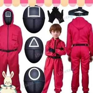 MaskasaGift��HalloweenSquidGameCosplayCostumeforAdults&KidsClownCosplayJumpsuitwithGlovesandMask