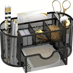 Mesh Desk Organizer with Drawer, Pen Holder, Desk Accessories & Workspace Storage, Desktop Pencil Caddy with 9 Compartments for Small Office Supplies, 8.6 x 4.3 x 4.1 Inches