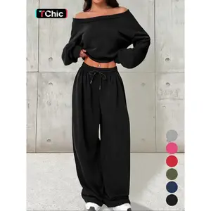 Women’s casual hooded sweatshirt set with a single-shoulder design, loose knit short top with long sleeves—fashionable and comfortable wear