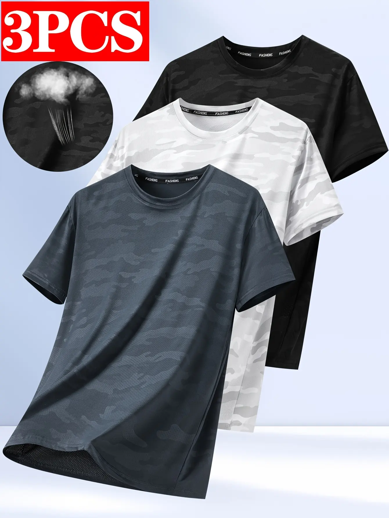 3-Pack men's sports t-shirt, ice silk fashionable breathable, light and quick-drying elastic fabric, camouflage solid color design, suitable for fitness running _ casual sports appearance _ fast-drying material, fitness must-have, men's clothing