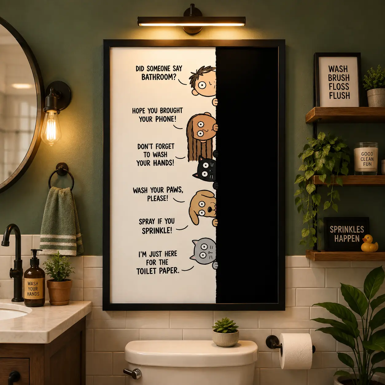 Funny Animal Peeking Canvas Wall Art - Cute Poster with Humorous Quotes, Quirky Farmhouse Bathroom Decor, Gift for Animal Lovers
