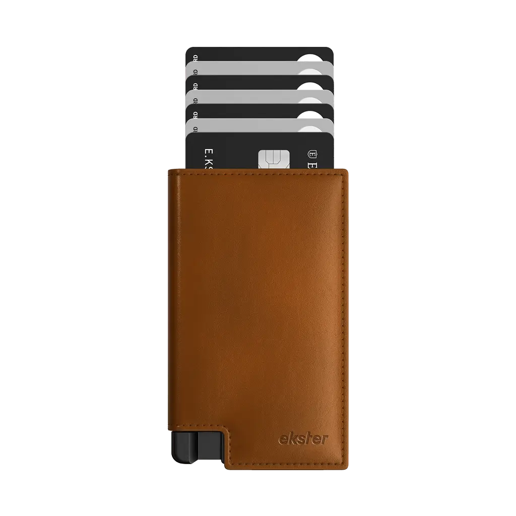 Ekster Wallet Pro for Men, Sleek Minimalist Card Holder in Italian Vachetta Leather with RFID Blocking & Quick-Access Button, Modern Needs, Sleek Design, Anti-Theft, 100% Leather Men's Wallets, Metal, Expandable