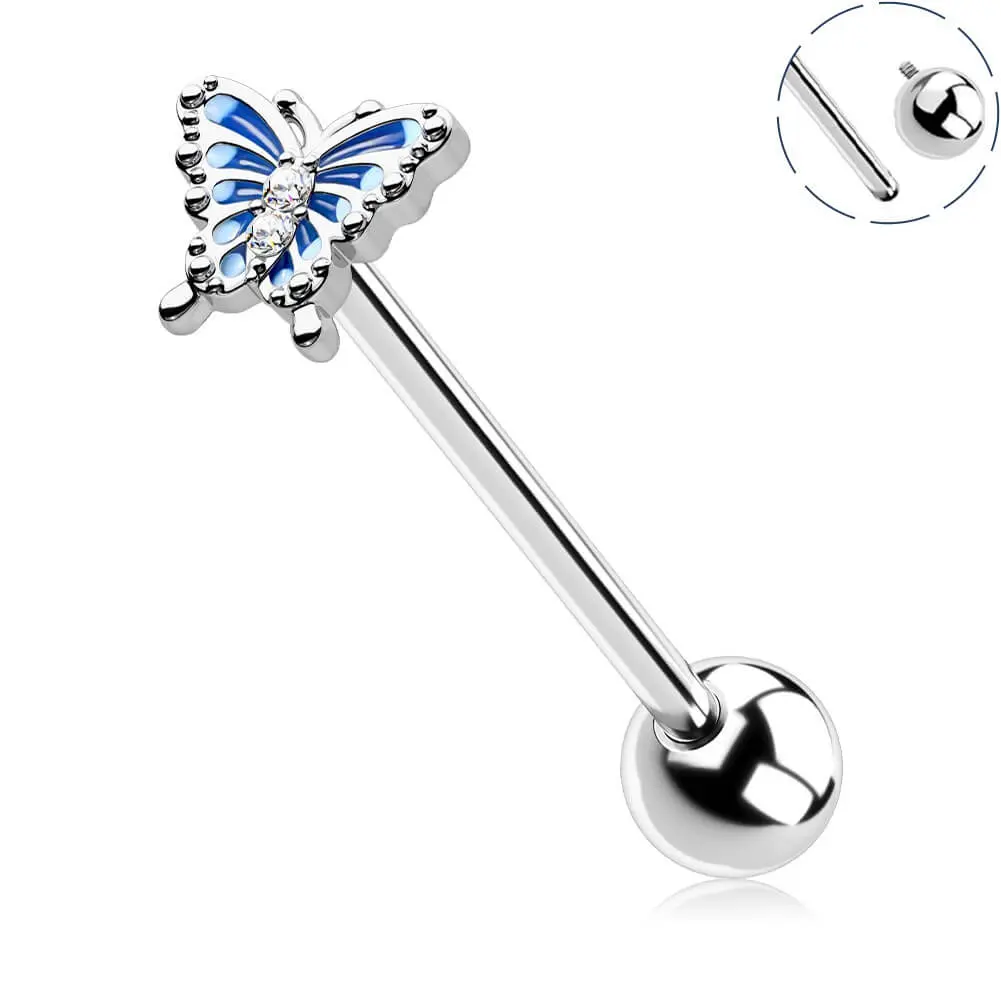 Oufer 14G Internally Threaded Blue Butterfly Tongue Barbell Ring