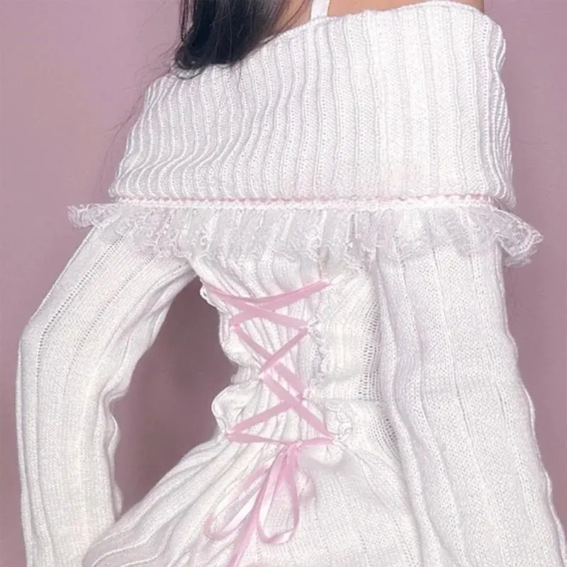Y2k Cable Knitted Ribbon Tie-up Sweater Kawaii Lace Trim Off Shoulder Pullovers Preppy Aesthetic Vintage Jumpers Cute Outfits