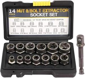 【Fathersdaygift】Impact Bolt & Nut Remover Set,14 Pieces Bolt Extractor Tool Set with Solid Storage Case,Extraction Socket Set for Removing Damaged,Frozen,Rusted,Rounded-Off Bolts,Nuts and Screws. Halloween/Thanksgiving/Christmas—The Best Choice for Gifts