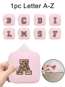 Velvet Sanitary Napkin Storage Bag, Leopard Print A-Z Embroidered Towel Pattern, Simple Travel Makeup Pouch, Multi-Functional Cosmetic Organizer, Cosmetic Bags
