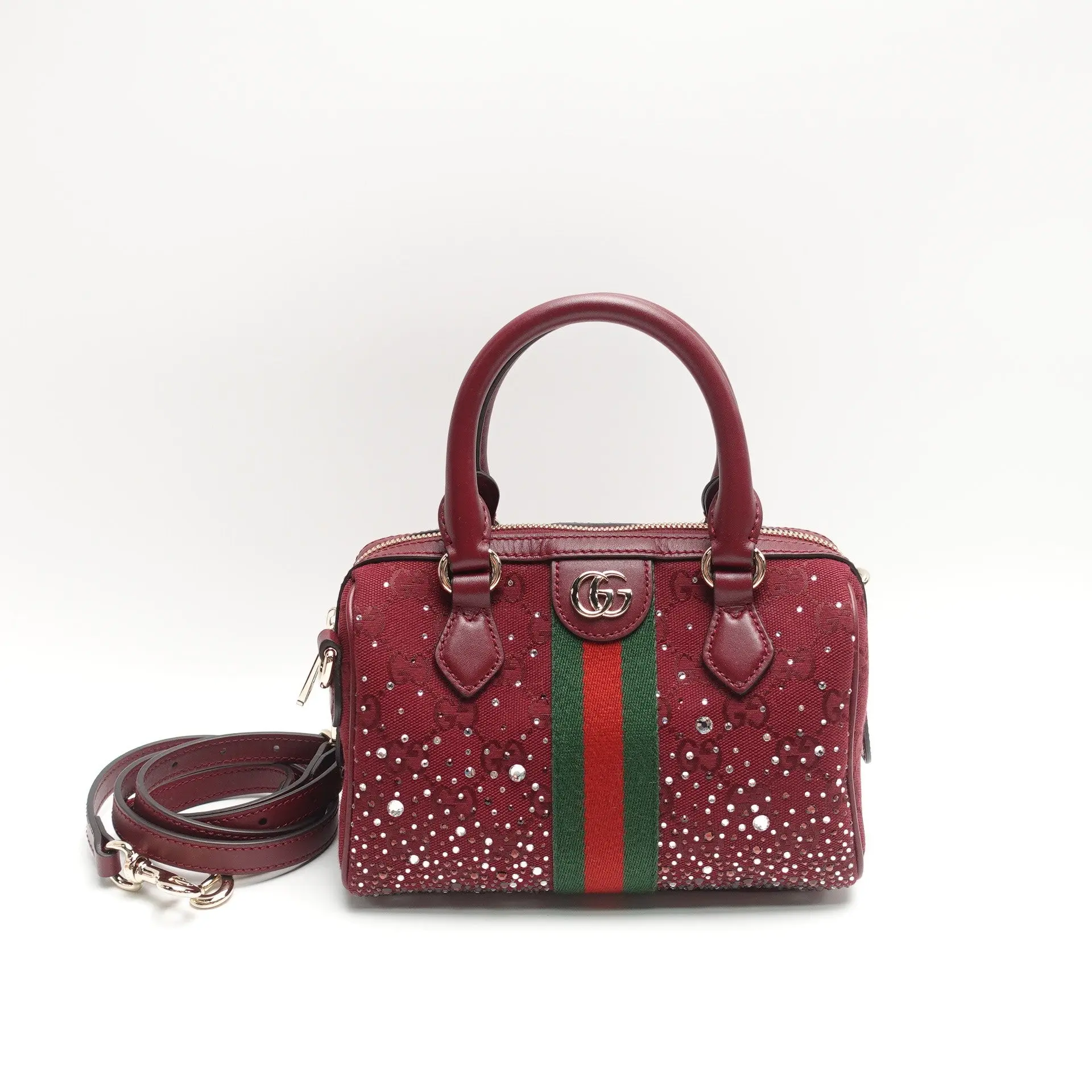 Pre-owned GUCCI GG canvas with crystal embellishments Boston Bag Burgundy Crystal Embellished GG Boston Shoulder Bag T10432900