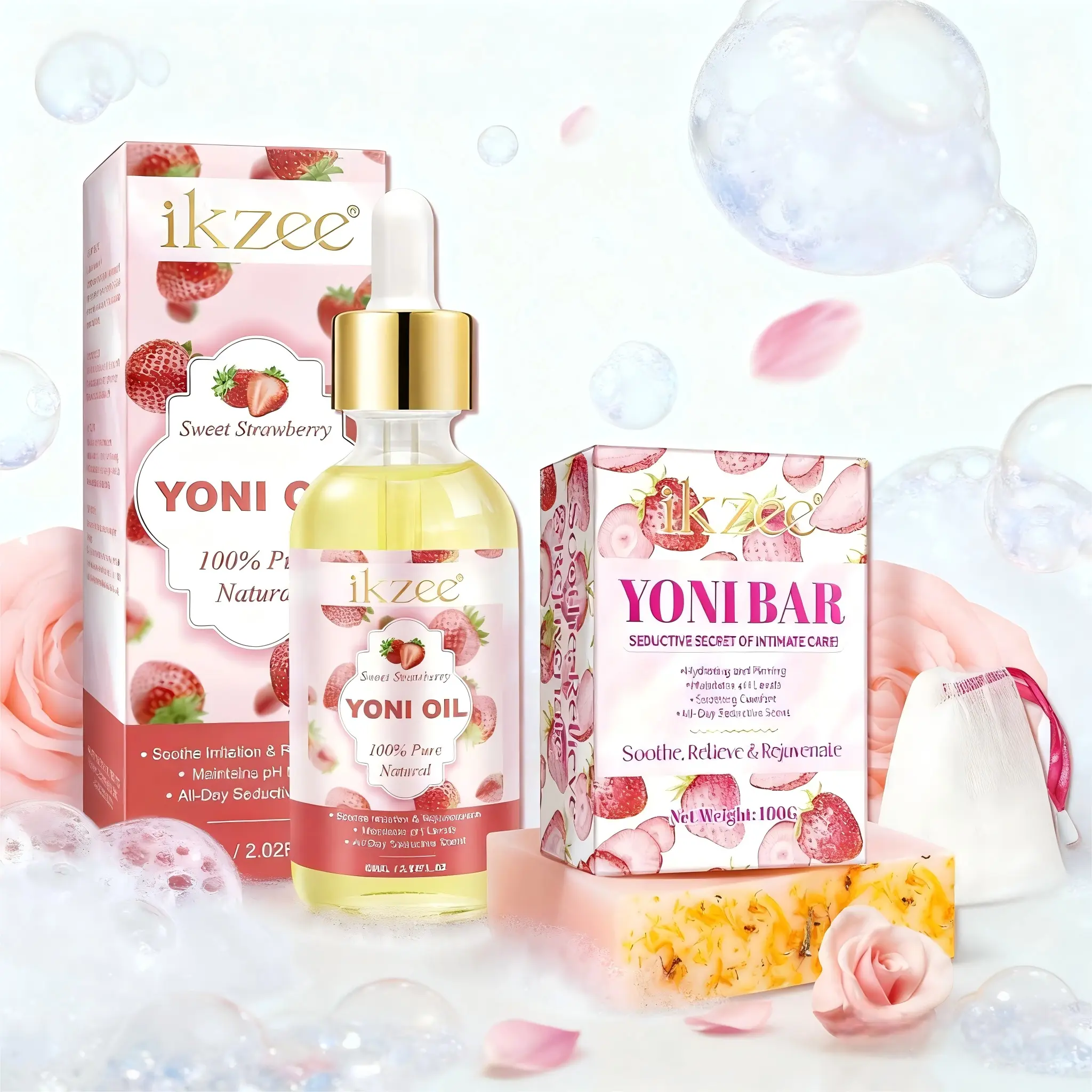 Strawberry Scented Soap and Essential Oil Set, 60ML Strawberry Intimate Oil + 100g Strawberry Soap, Handmade Foaming Net Gift