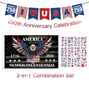 250th Anniversary 3PCS Commemorative Flag Set 1776-2026 - Patriotic Decorations Kit with Banner & Tattoos | 4th of July Party Supplies