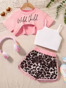 Girl's Letter Print Crop Tee & Solid Cami Top & Leopard Print Shorts Set, Casual Fashion Cozy Three Piece Set for Daily Outdoor Wear, Girls Set for Summer, Kids Girls Clothing, Elastic Shorts Set