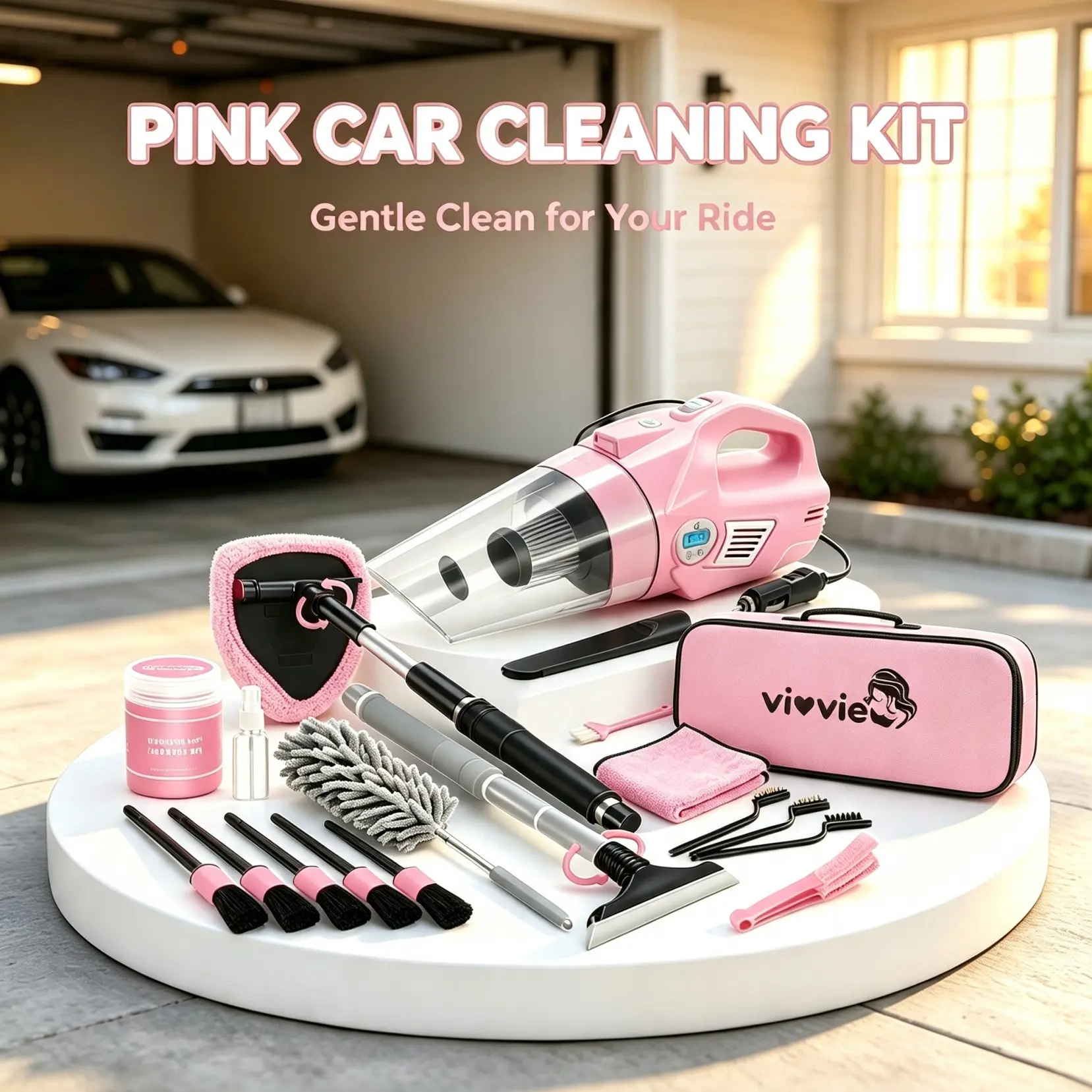 25‑Pcs Pink Car Cleaning Kit, 4‑in‑1 Power Handheld Vacuum Cleaner, Detailing Brushes, 2‑in‑1 Windshield Cleaner With 180° Rotatable Head, Car Interior Care Tools, Gift For Sisters And Best Friends