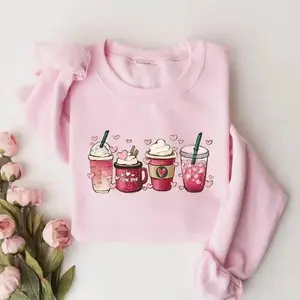 Women’s Valentine’s Day sweatshirt featuring a cozy coffee-inspired design, perfect as a stylish Valentine sweater or shirt for celebrating love in comfort