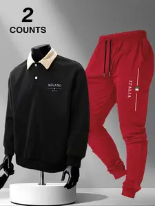 Men's Polo Collar Sweatshirt Set, Autumn Winter Letter Print Fleece Pullover + Drawstring Casual Sport Pants, 2 Pieces Pack
