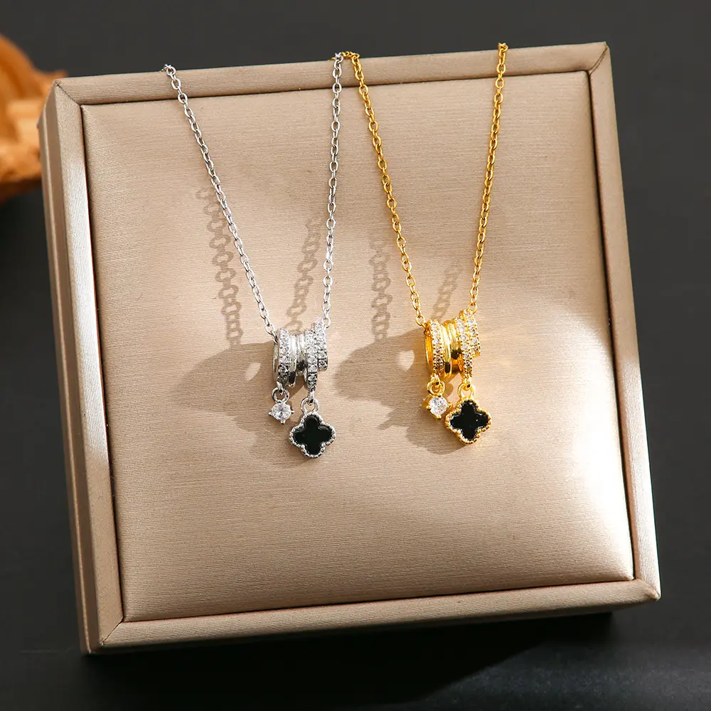 Lucky Four-Leaf Clover Pendant Necklace High-End Light Luxury Simple Versatile Micro-Inlaid Zircon Titanium Steel Collarbone Chain