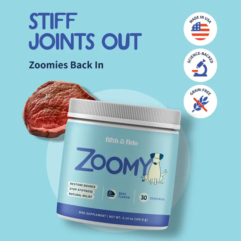 Fifth and Fido Zoomy Senior Dog Joint Powder - Beef Flavor Canine Nutritional Supplement, Mushroom-Powered Hip & Joint Support, Natural Mobility, Pain Relief Remedy, Turmeric, Boswellia, MSM+Glucosamine Aid, Simple Scoop, 30 Servings, 5.14 oz