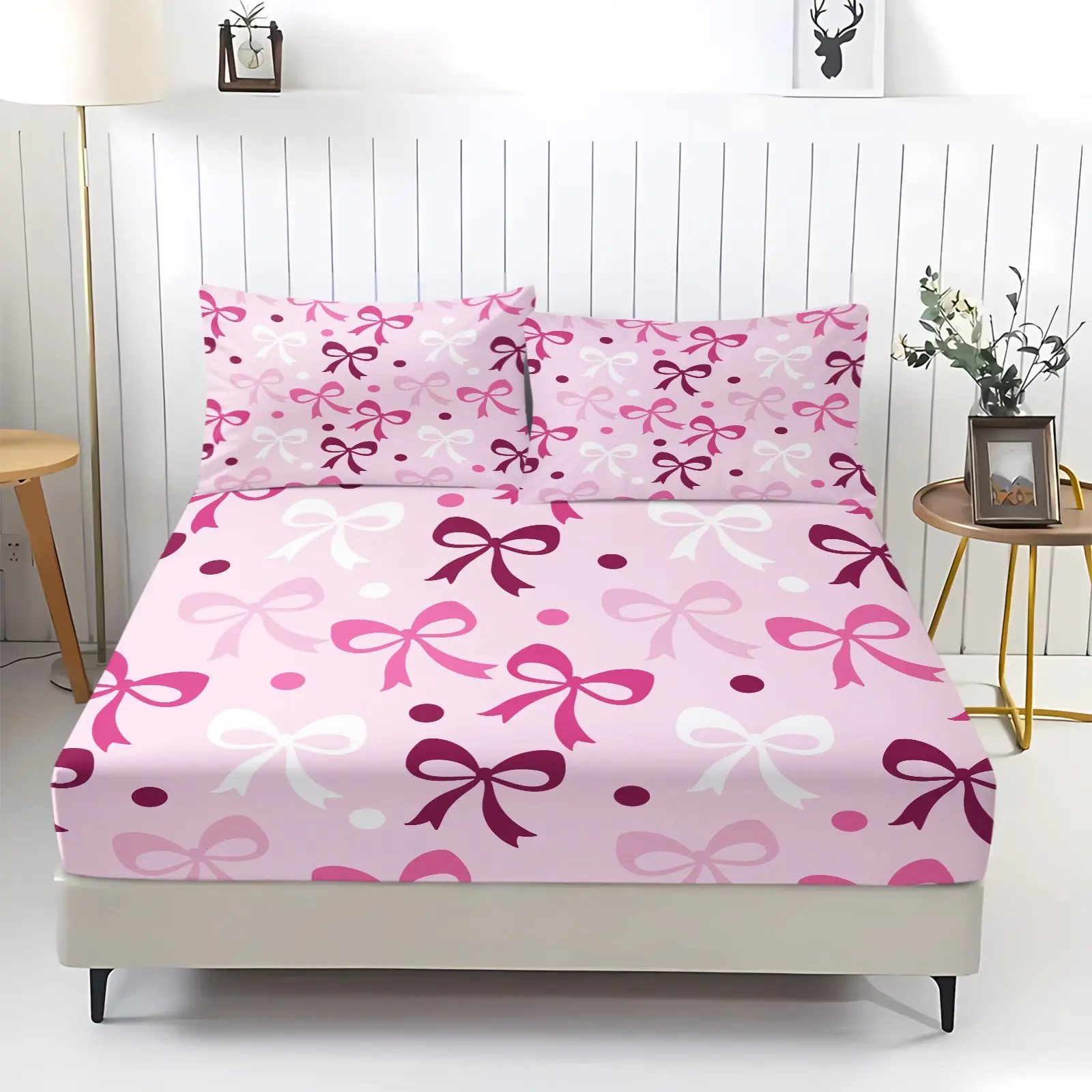 3pcs Pink Bow, Polka Dot Bed Sheets, Polka Dot Print Fitted Sheet Set, Breathable, Wear-Resistant, And Adjustable Bedding Set, Washable Mattress Cover Protector for Bedroom Decor, Available in Multiple Sizes