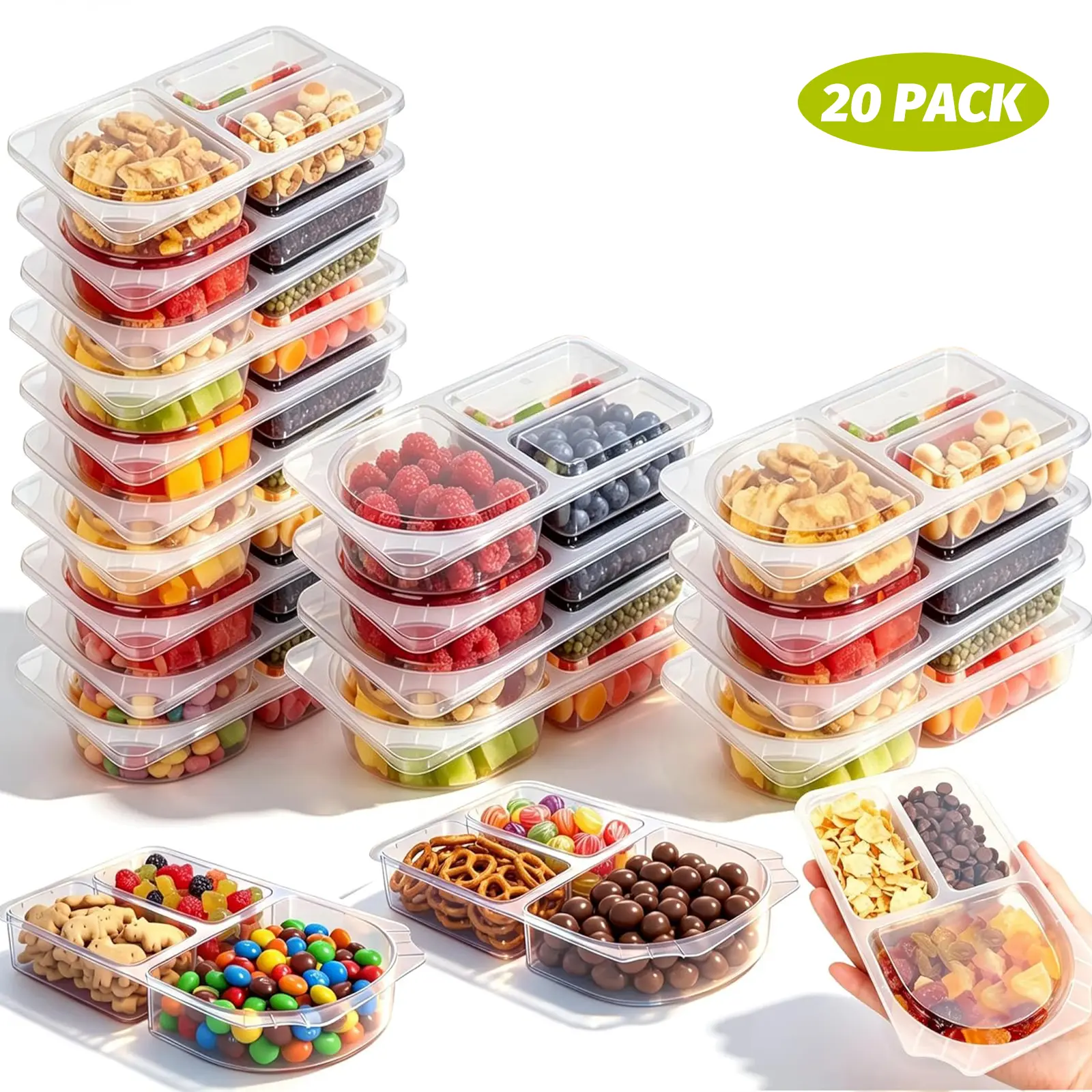 20-Pack Reusable Food-Grade Plastic Meal Prep Containers - Organized Food Storage, Multifunctional Preserving Boxes with Double/3-Compartment, 260ml Leakproof Sealed Lids, Utensils, Stackable for Kids' Lunch, Camping