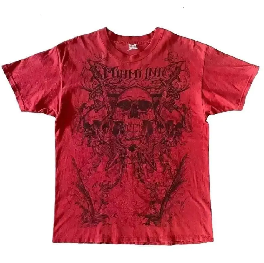 Retro Red Skull Tattoo Style Graphic Tee | Y2K Gothic Harajuku Oversized T-Shirt