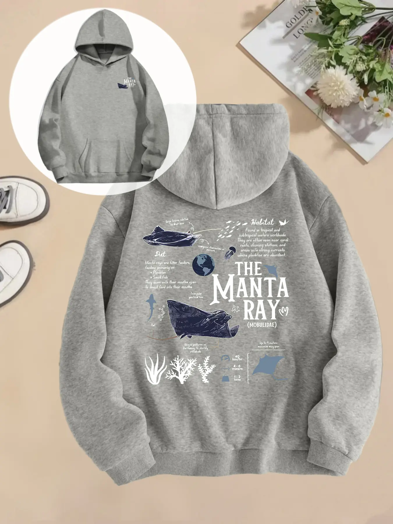 Women's Knit Printed Hooded Sweatshirt Fitted, Fall & Winter Casual Fit Wear, Animal Print Manta Ray Illustration Print, Ocean Science Aesthetic Graphic Design, Daily, Fashion Hoodie, Graphic Print Hoodie, Womenswear Tops