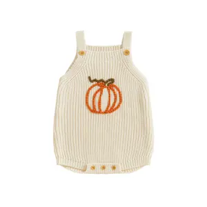 Baby Girl Boy Knit Sweater Romper Cute Sleeveless Pumpkin Embroidery Overalls Jumpsuit Newborn Halloween Outfits