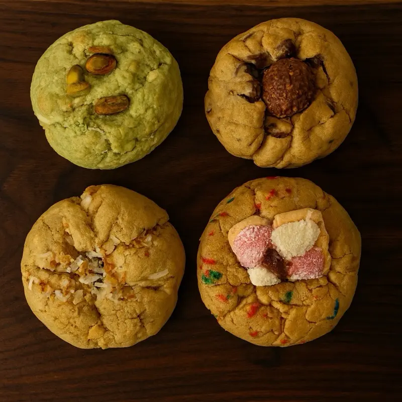 4 cookies assorted flavors dulce de leche,pistachio Dubai,ferrero chocolate chip and arcoíris marshmallow