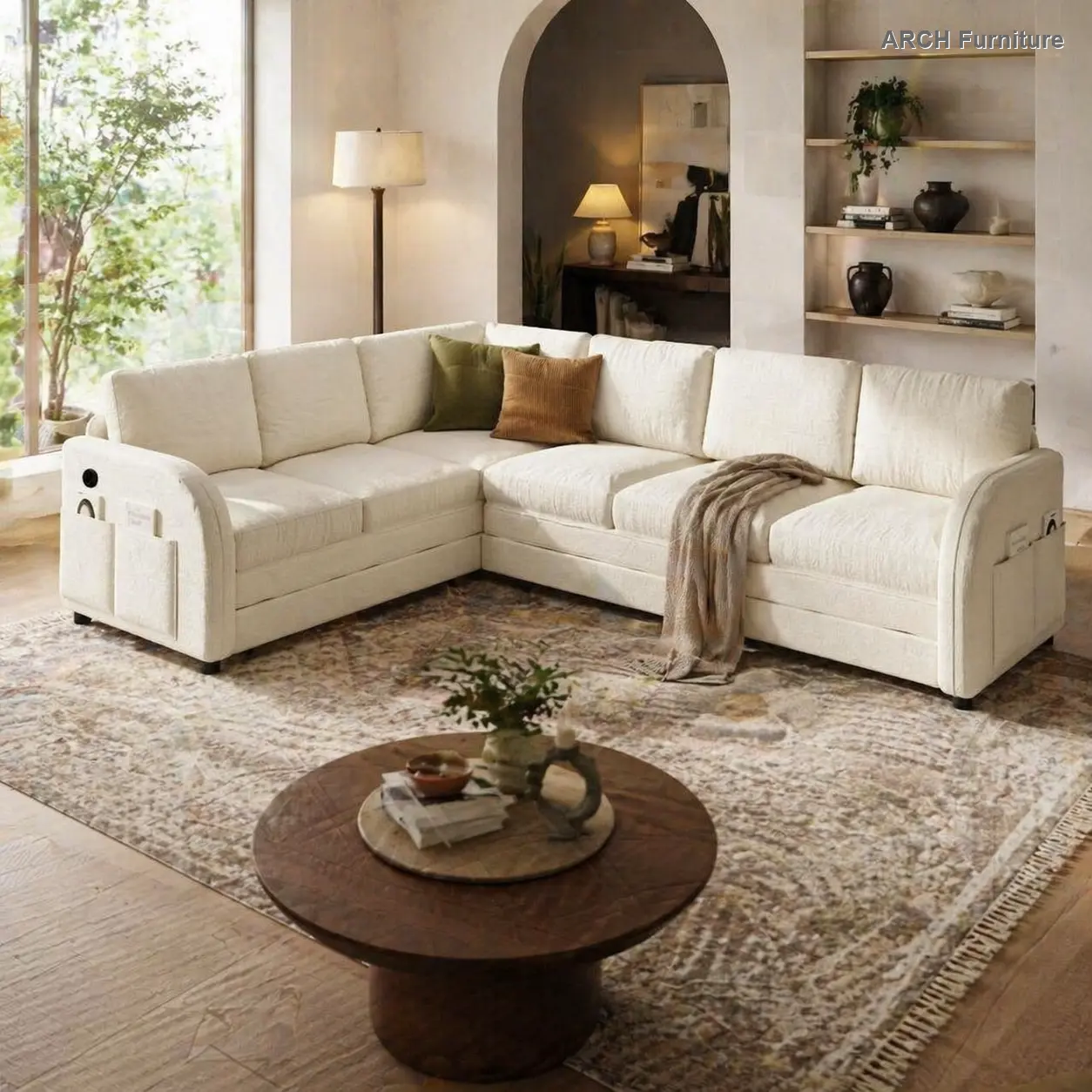 Oversized L-Shaped Modular Sectional Sofa - L/R Facing, Teddy Fabric Upholstery, Pull-Out Convertible Bed, Side Pocket, USB Ports, Plush Sponge Comfy Midcentury Modern Beige White Indoor Living Room Furniture for Apartment, Studio, L Shaped Sofas, Comfy C