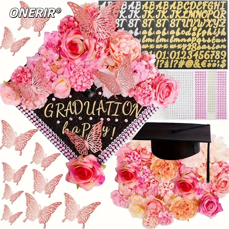 59-Piece Grad Cap Decorations Crafting Kit - Alcohol-Free, All Skill Levels, Artificial Flower Heads, 3D Butterfly Sticker Sheets, Sequin Letter Sticker Sheets, Glitter Shine Glitter Paper for DIY Toppers, Festive Graduation Gift