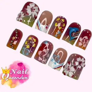 Nail Queendom [HAWAIIAN DOLPHINS] Handcrafted 3D Press-On Nails Reusable Long Lasting Salon Quality Easy Application 10 Pieces Set Eco-Friendly 3D-gel Finish beach party