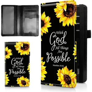 Leather RFID-Blocking Slim Checkbook Covers for Personal Duplicate Checks, Check Holder Wallet for Women Men with Elastic Strap, Sunflower Matthew 19:26