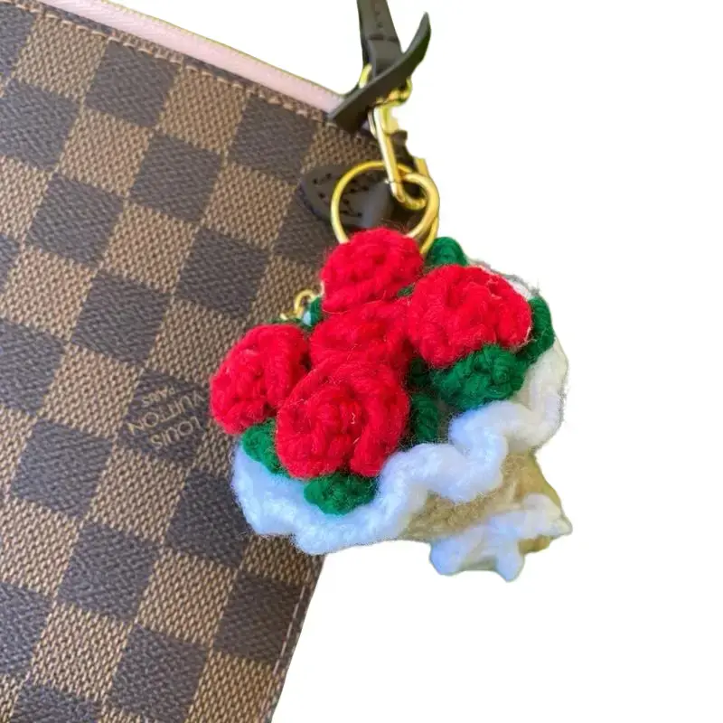 Crochet Rose Mini Bouquet Keychain - Red Flowers in Beige Basket with Green Leaves & Gold Chain Handcrafted Charm