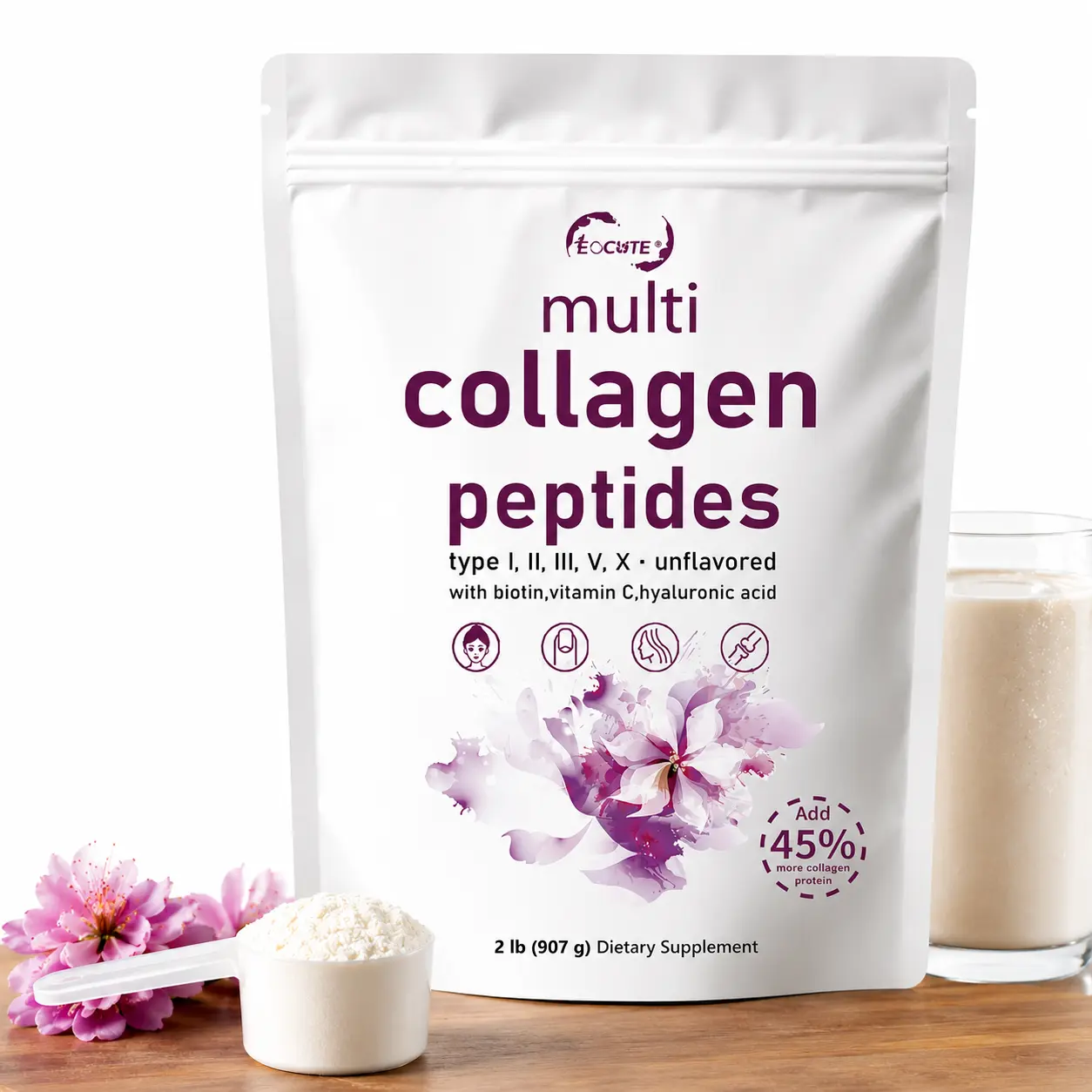 Multi Collagen Peptides Powder with Hydrolyzed Protein Types I, II, III, V & X, Unflavored Collagen Supplement with Biotin, Vitamin C & Hyaluronic Acid, 2 lb