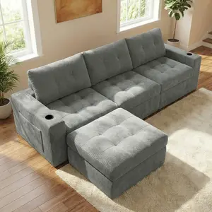 L-Shaped 3-Piece Modular Corduroy Sectional Couch Set, 4-Seat Fixed-Arm Sofa with Ottoman, Modern Couches for Living Rooms, Comfortable Indoor Seating Furniture outdoorfun