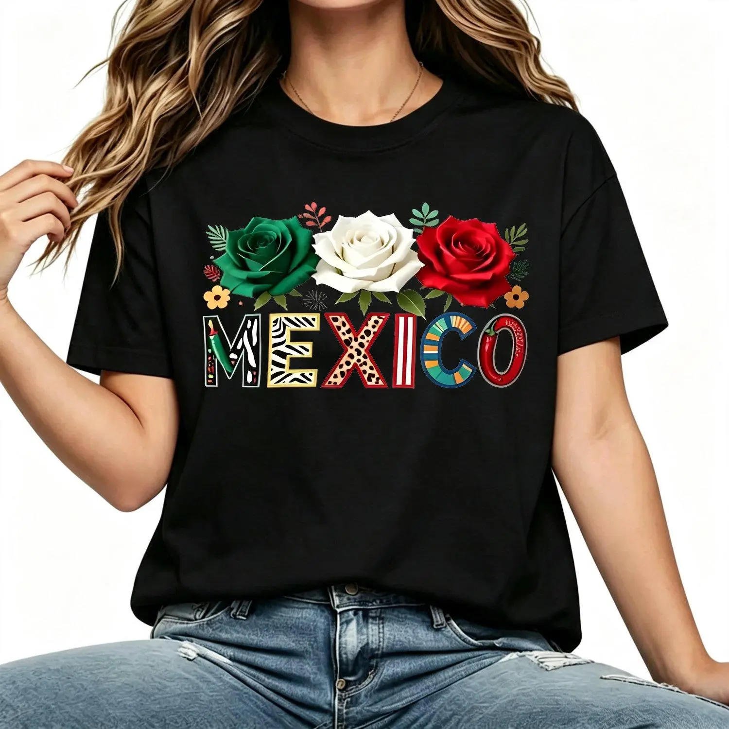 Women's Round Neck Short-Sleeve Mexico-Theme Graphic T-Shirt, Machine-Wash Casual Sports Tee for Spring-Summer-Fall Wear