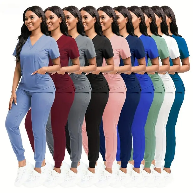 1 Set Women's Polyester Scrubs, Fitted Nurse Uniform with Patch Pocket, Woven Work Clothes for Beauty SPA, Veterinary Dentistry - High-Quality Professional Apparel, Nurse Accessories for Work