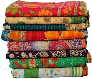 Wholesale Lot of Indian Vintage Kantha Quilt Handmade Throw Reversible Blanket Bedspread Cotton Fabric Bohemian Quilt (1), Assorted Colors, 85X55 Inches (216X140 CM)