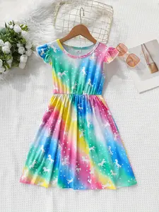 Ready Stock 4-8Y Toddler Kid Girls Summer Tie-dye Unicorn Print Ruffle Sleeve Dress One Piece Midi Dress OB100