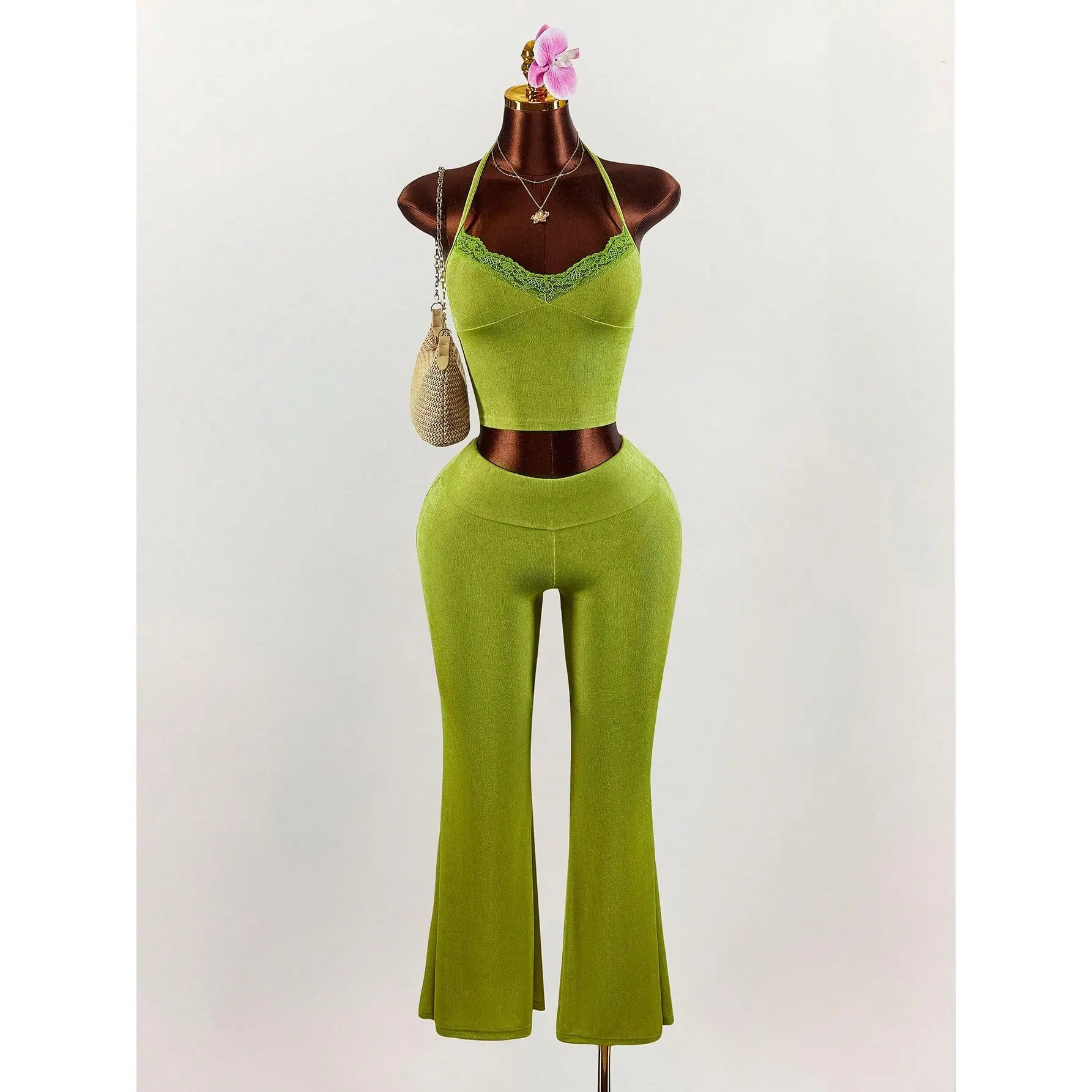 Women's Halter Lace Patchwork Top And Flared Pants Two Pieces Set, V-Neck Green 2 Piece Vacation Set Women Green 2 Piece Set Comfortable Two Piece Set Spring Clothes Women