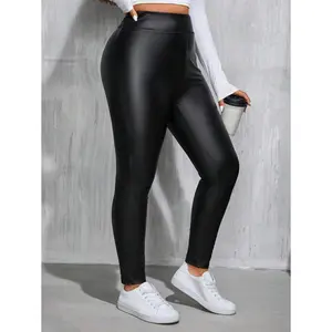 Plus Size Women's Black PU Leather Leggings - Warm Thermal Lined, Casual Street Wear, Fleece Lined, Minimalist Design, Zipper, Spring & Winter Outfits