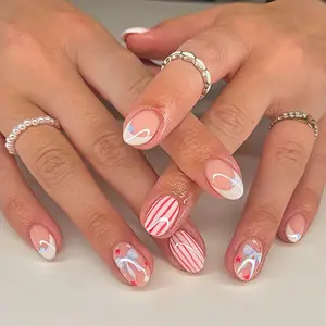 24pcs Spring Stripe Star Bow French Oval Nail Set, French Tips Nails, Cute & Sweet, Suitable for Women & Girls, Holiday Date Wear, Includes Jelly Glue Mx-160