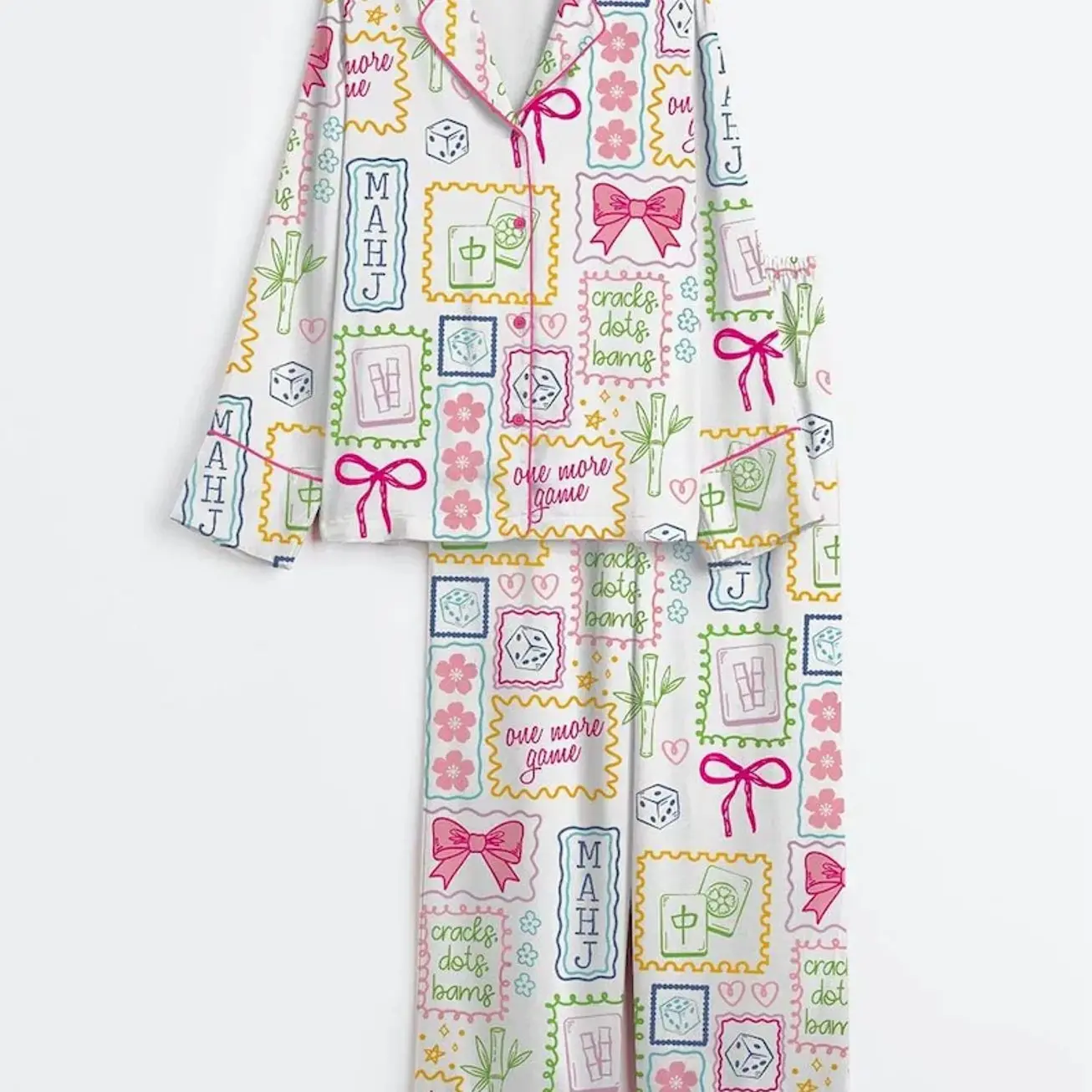 Women’s Tile Game Pajama Set, Long Sleeve Sleepwear, Social Club Party Pajamas, Cozy Game Night Loungewear Gift CKZ